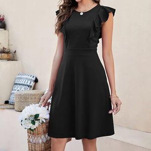 Yathon Sleeveless Dress w/ Ruffle Hem Knee Length Black Small